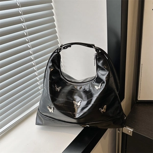 Y2K Fashion PU Leather Shoulder Tote Bag For Women Butterfly Decor Large Capacity Commuter Solid Color Handbag Chic Hobo Bag