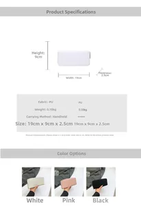 Detailed size and material guide for long PU clutch purse in white, pink and black