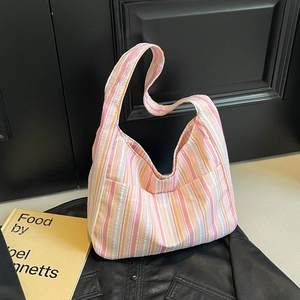 Women Large Capacity Nylon Striped Shoulder Bag Pleated Color Block Hobo Tote Bag With Outer Pockets For Daily Casual Fashion