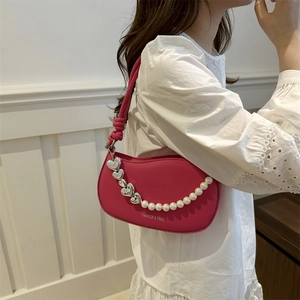 Fashionable rose red half-moon shoulder bag with pearl heart chain and knot handle