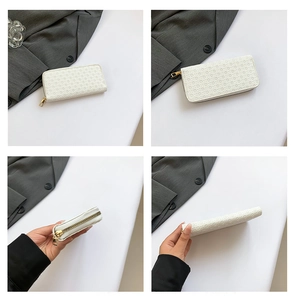 Close-up of white woven texture wallet with premium gold zipper and metal hardware
