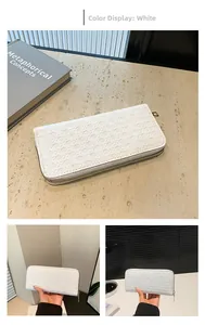 Detailed close-up of a white woven textured long wallet with a gold zipper closure