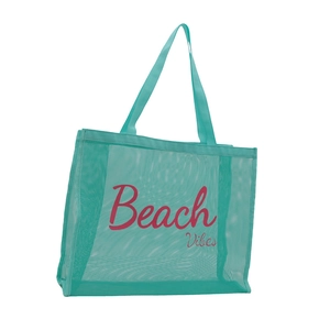 Lake blue mesh beach tote bag with pink Beach Vibes lettering and webbing handles