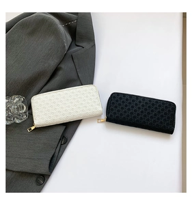 Detailed view of woven texture wallets with gold zippers on black and white models