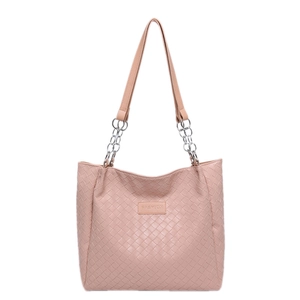 Pink woven leather tote bag with silver chain strap and fashion label on front