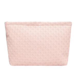 Minimalist light pink woven envelope clutch bag with textured diamond pattern and zipper