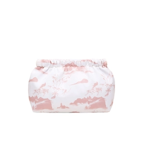 Elegant nylon handbag featuring pink and white landscape print with bamboo and birds