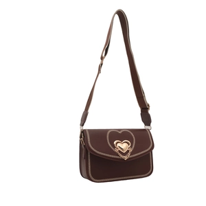Brown leather crossbody bag with gold heart lock and contrast stitching detail