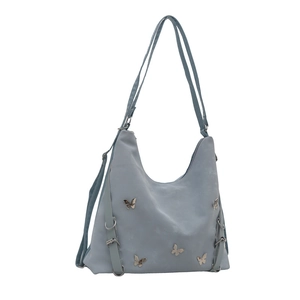 Sac cabas bleu brume avec accents de papillons métalliques et texture en cuir synthétique