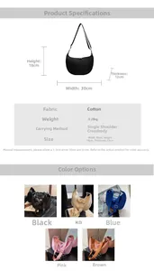 Detailed size guide and multi-color options for the large nylon crescent crossbody bag