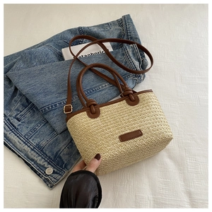 Fashion woven summer tote bag with brown faux leather trim and adjustable strap