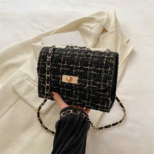 Sac à Bandoulière Femme Motif Tweed Cuir PU Chaîne Élégant À Carreaux Tissé Petit Sac Carré Sac à Main Mode Quotidien