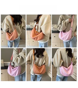 Pink nylon crescent crossbody bag shown in various styles on a model for daily use