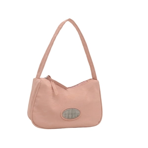 Minimalist soft pink nylon hobo shoulder bag for women with silver logo plaque