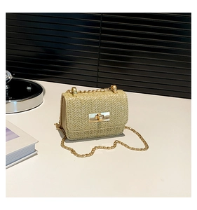 Detail view of woven straw crossbody bag with golden clasp and chain strap