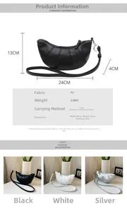 Detailed size specifications of pleated crescent bag in black, white and silver PU leather