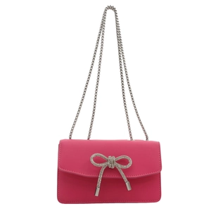 Hot pink PU leather handbag with rhinestone bow decoration and silver bead chain strap