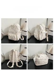 Multiple views of a beige canvas backpack with cute bear patterns and metal zippers