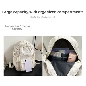 Detail view of large capacity cream bear backpack showing functional interior compartments