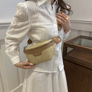Straw woven waist bag with leather trim and wide adjustable strap for women