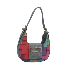 Fashion woven crescent shoulder bag with colorful geometric print and gold metal clasp