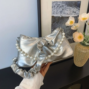 Women Fashion Ruched Underarm Bag Elegant Bow Design Pleated Artificial Pearl Chain Shoulder Bag PU Leather Handbag For Dating Party