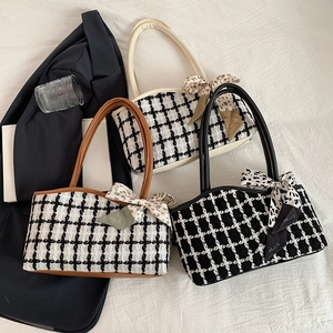 Minimalist plaid tweed tote bags with leather handles and decorative silk ribbons