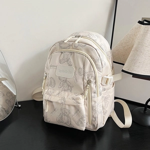 Beige fashion backpack with retro teddy bear prints and multiple storage compartments
