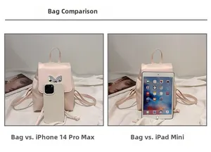 Pink mini backpack size comparison showing dimensions next to iPad and iPhone 14