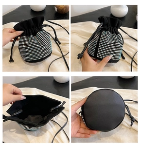 Detailed views of a mini black bucket bag with sparkling silver rhinestones and drawstring