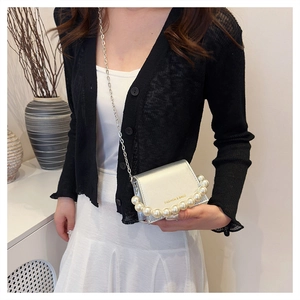 Silver mini crossbody bag with large pearl strap and metal chain shown on model