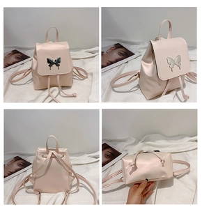 Detailed views of light pink leather backpack with butterfly buckle and drawstring