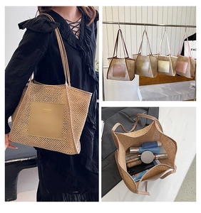 Detailed views of hollow woven straw tote bag with leather straps and interior space
