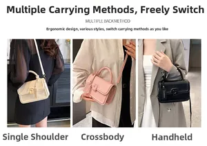Detailed view of women's small square bag showing handheld, shoulder and crossbody styles