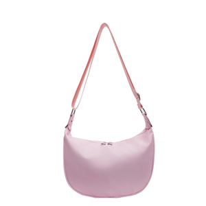 Pink nylon half-moon crossbody bag with adjustable strap and silver zipper detail