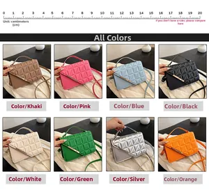 Collage of quilted square bags in eight colors including khaki, pink, and green