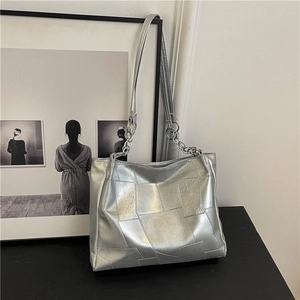 Women Large Capacity PU Leather Tote Bag Geometric Stitching Casual Shoulder Bag Metallic Fashion Commute Handbag