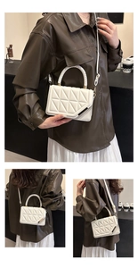 Detailed views of a white quilted crossbody bag with stylish triangle pattern stitching