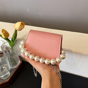 Women Fashion Mini PU Leather Shoulder Bag With Artificial Pearl Handle And Metal Chain Minimalist Flap Crossbody Small Square Bag