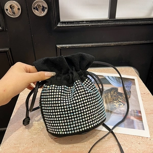 Women Nylon Rhinestone Drawstring Bucket Bag Pleated Shoulder Crossbody Bag Large Capacity Sparkly Rhinestone Handbag