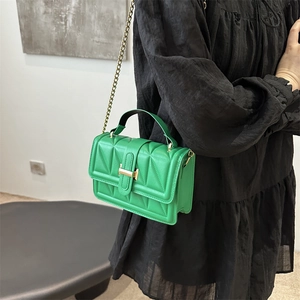 Green quilted small square bag with gold chain strap and top handle for women
