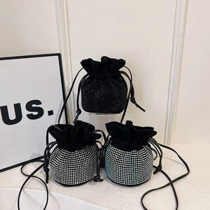 Sparkling rhinestone bucket bag for women with drawstring closure and chain strap