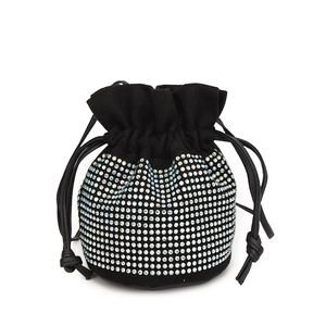 Sparkling rhinestone drawstring bucket bag in black faux suede with elegant crystal finish
