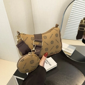 Vintage Monogram Printed PU Leather Shoulder Bag And Mini Round Purse For Women With Wide Adjustable Strap Commute Crossbody Bag