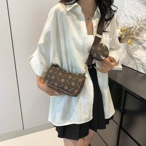 Vintage brown logo print crossbody bag set with wide textile strap and round coin purse