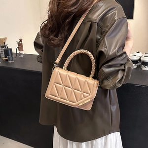 Quilted khaki PU leather crossbody bag with braided handle and gold metal fastener