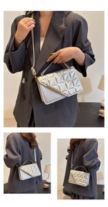 Three views showing silver quilted handbag with metallic finish and gold hardware details