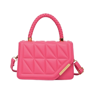 Pink quilted square crossbody bag with woven handle and gold metal hardware for women