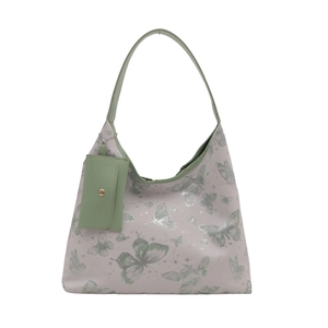 Sac fourre-tout mauve à imprimé papillon avec pochette et bandoulière verte
