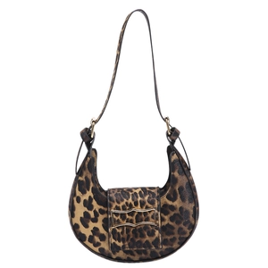 Leopard print crescent hobo bag with gold metal buckle and vintage shoulder strap